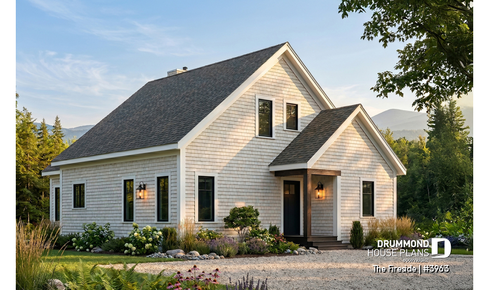 front - BASE MODEL - Waterfront small Cottage house plan, master on main floor, fireplace, pantry, mezzanine, covered patio - The Fireside