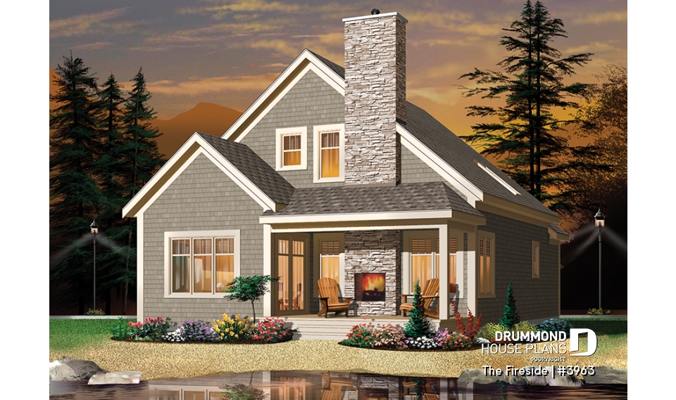 Rear view - BASE MODEL - Waterfront small Cottage house plan, master on main floor, fireplace, pantry, mezzanine, covered patio - The Fireside