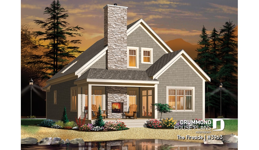 Rear view - BASE MODEL - Waterfront small Cottage house plan, master on main floor, fireplace, pantry, mezzanine, covered patio - The Fireside