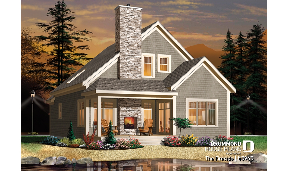 Rear view - BASE MODEL - Waterfront small Cottage house plan, master on main floor, fireplace, pantry, mezzanine, covered patio - The Fireside