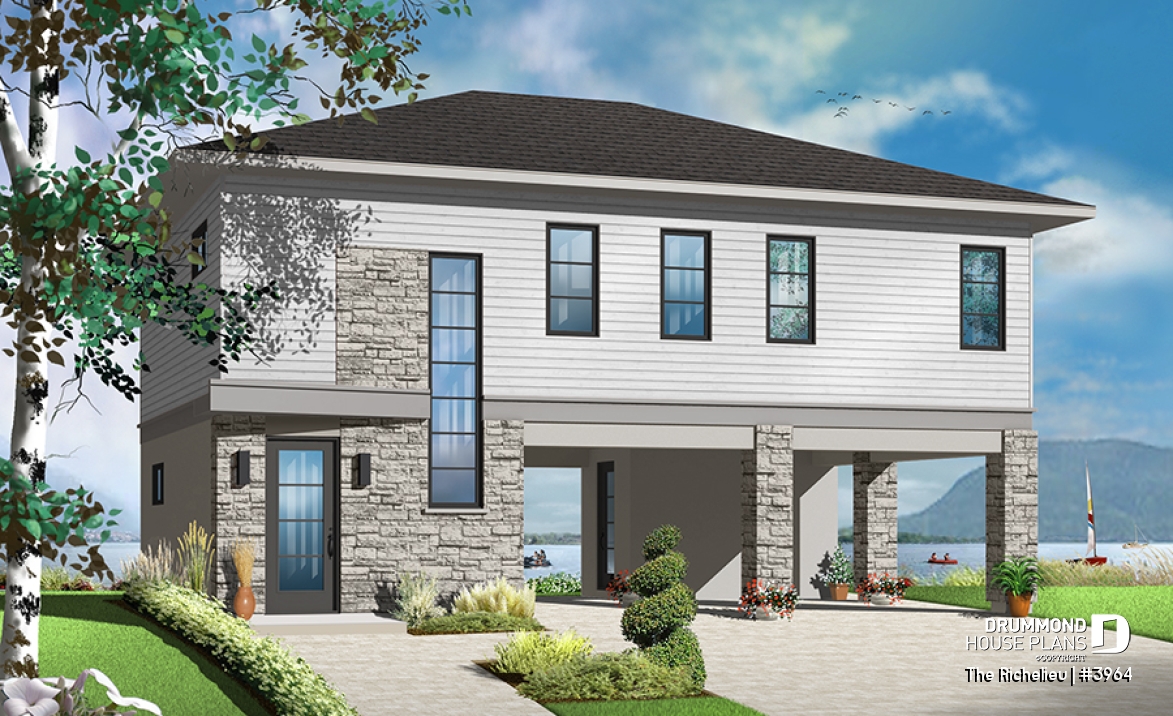 Color version 1 - Front - Contemporary waterfront cottage house plan, with open floor plan, designed to manage flood damaged - The Richelieu