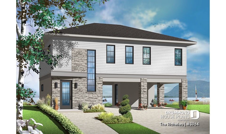 Color version 1 - Front - Contemporary waterfront cottage house plan, with open floor plan, designed to manage flood damaged - The Richelieu
