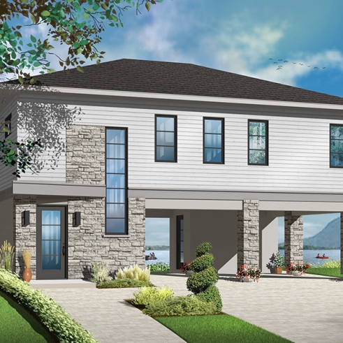 Color version 1 - Front - Contemporary waterfront cottage house plan, with open floor plan, designed to manage flood damaged - The Richelieu