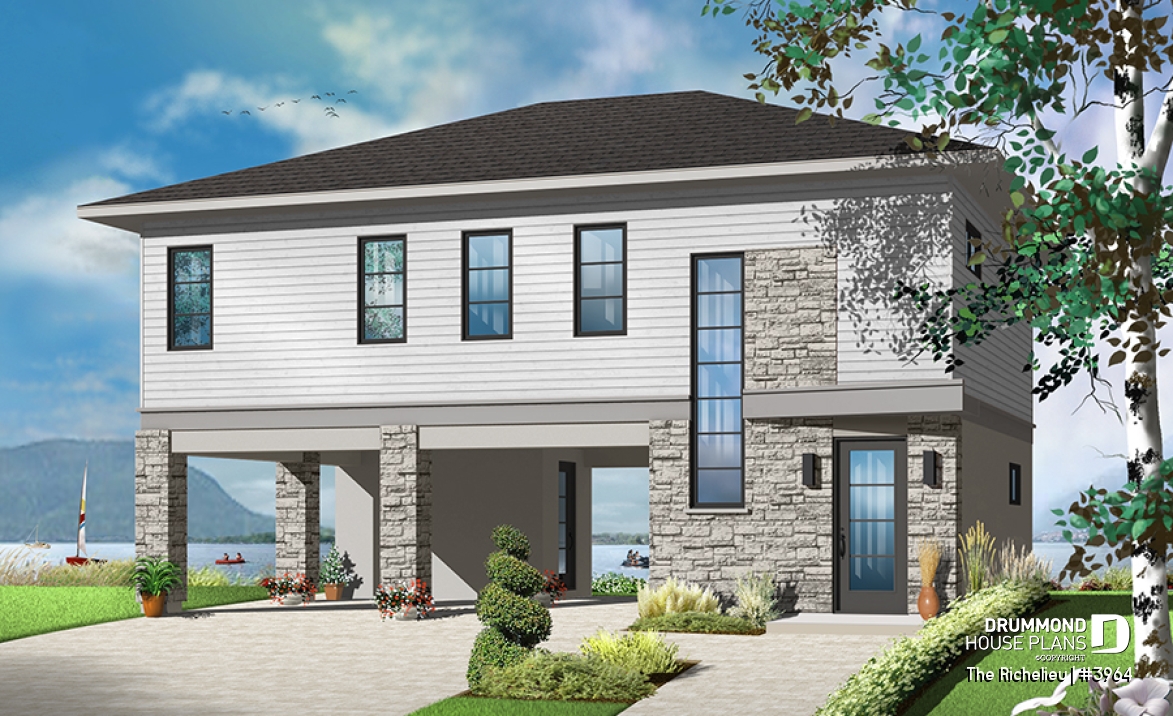 Color version 1 - Front - Contemporary waterfront cottage house plan, with open floor plan, designed to manage flood damaged - The Richelieu