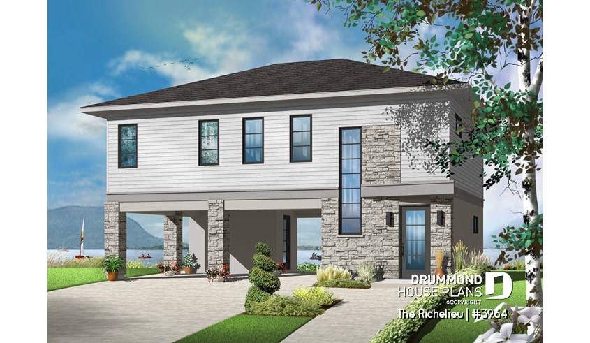 Color version 1 - Front - Contemporary waterfront cottage house plan, with open floor plan, designed to manage flood damaged - The Richelieu