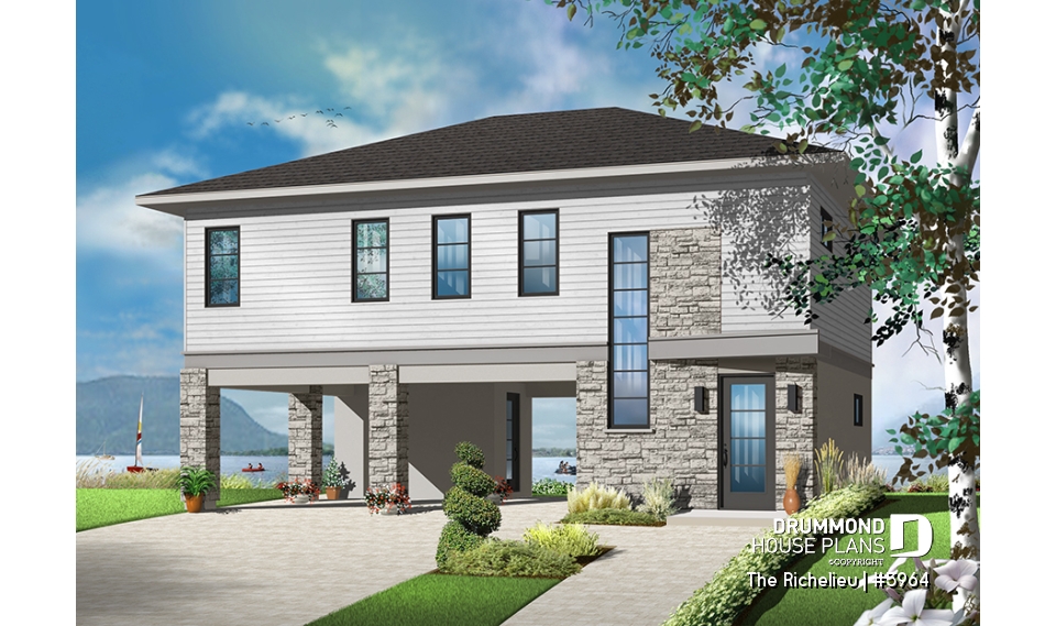 Color version 1 - Front - Contemporary waterfront cottage house plan, with open floor plan, designed to manage flood damaged - The Richelieu
