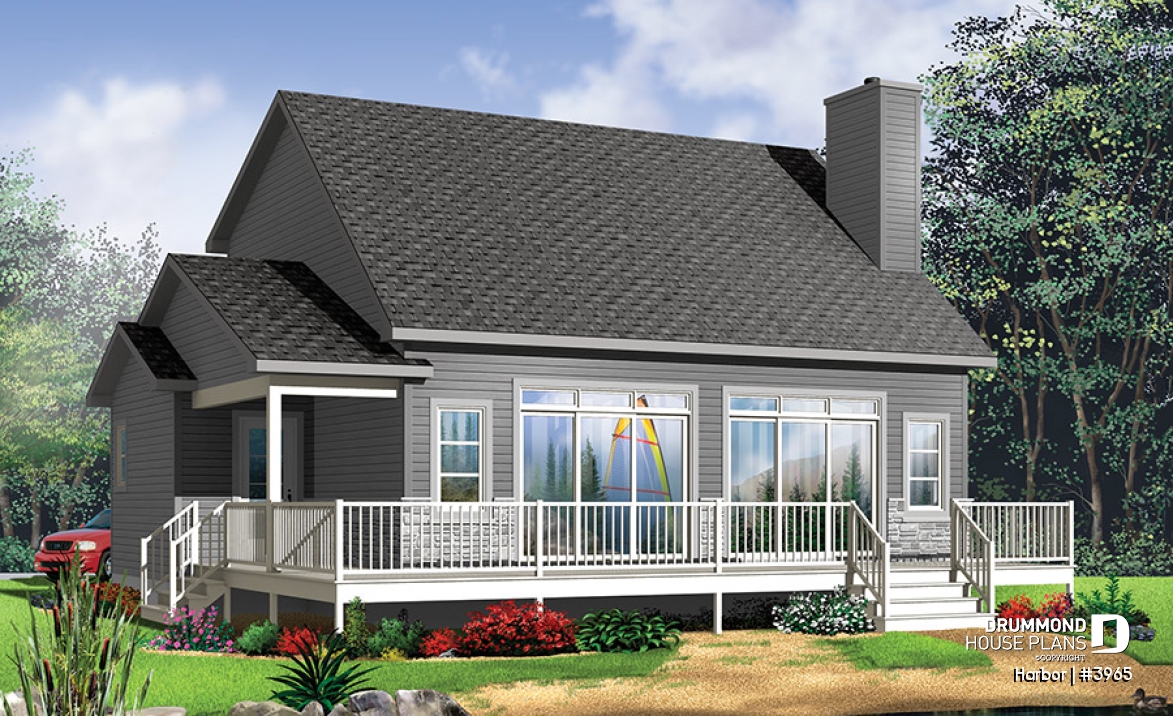 Rear view - BASE MODEL - Scandinavian family vacation house plan, 3 bedrooms, 2 storey chalet with mezzanine, wood frames - Harbor