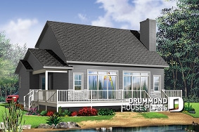 Rear view - BASE MODEL - Scandinavian family vacation house plan, 3 bedrooms, 2 storey chalet with mezzanine, wood frames - Harbor