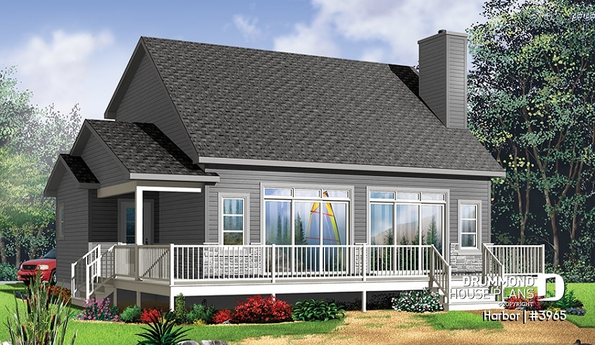 Rear view - BASE MODEL - Scandinavian family vacation house plan, 3 bedrooms, 2 storey chalet with mezzanine, wood frames - Harbor