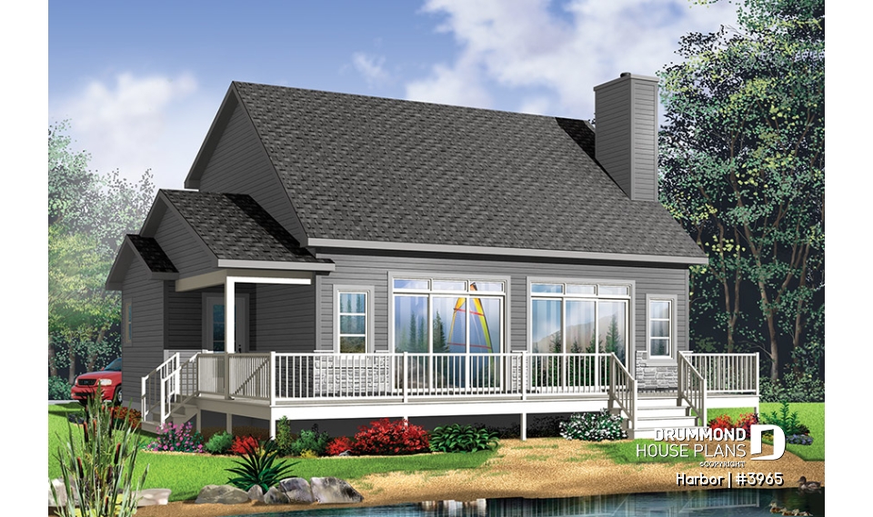 Rear view - BASE MODEL - Scandinavian family vacation house plan, 3 bedrooms, 2 storey chalet with mezzanine, wood frames - Harbor