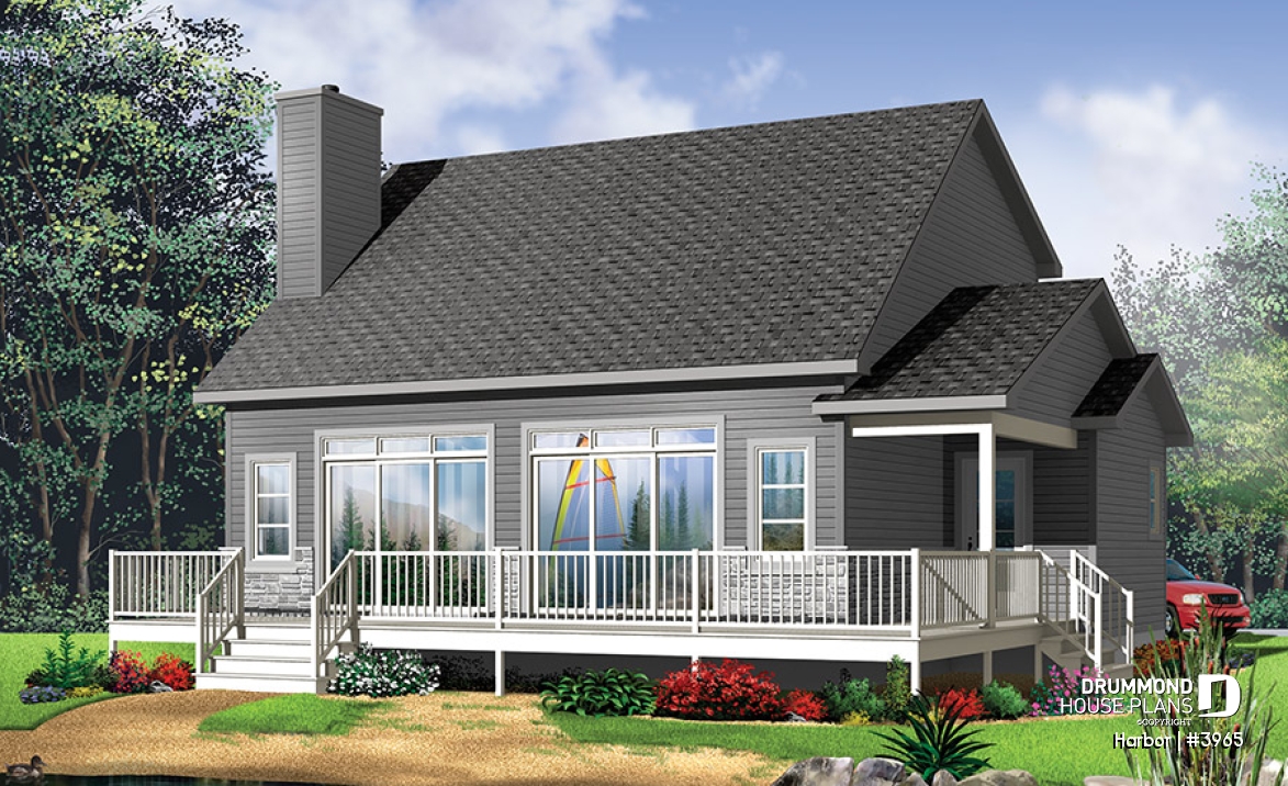 Rear view - BASE MODEL - Scandinavian family vacation house plan, 3 bedrooms, 2 storey chalet with mezzanine, wood frames - Harbor
