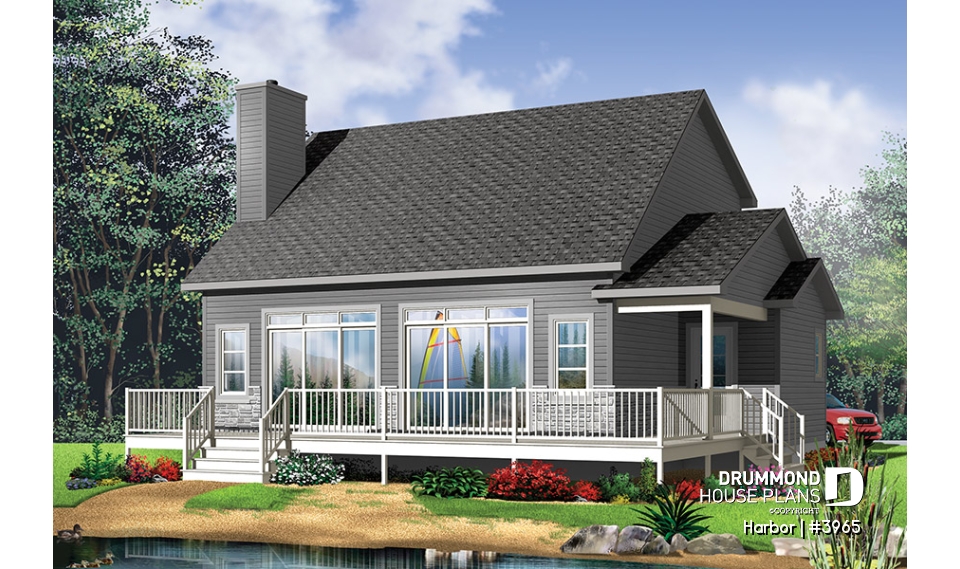 Rear view - BASE MODEL - Scandinavian family vacation house plan, 3 bedrooms, 2 storey chalet with mezzanine, wood frames - Harbor