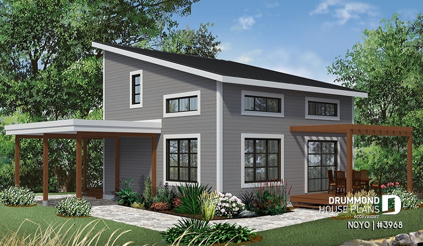 Rear view - BASE MODEL - Affordable Small Modern Cottage, large covered deck, open floor plan, lots of natural lights - NOYO