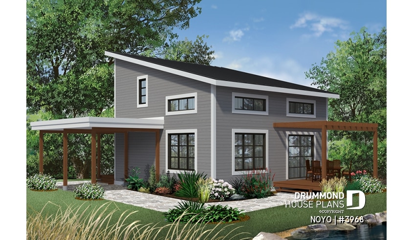 Rear view - BASE MODEL - Affordable Small Modern Cottage, large covered deck, open floor plan, lots of natural lights - NOYO