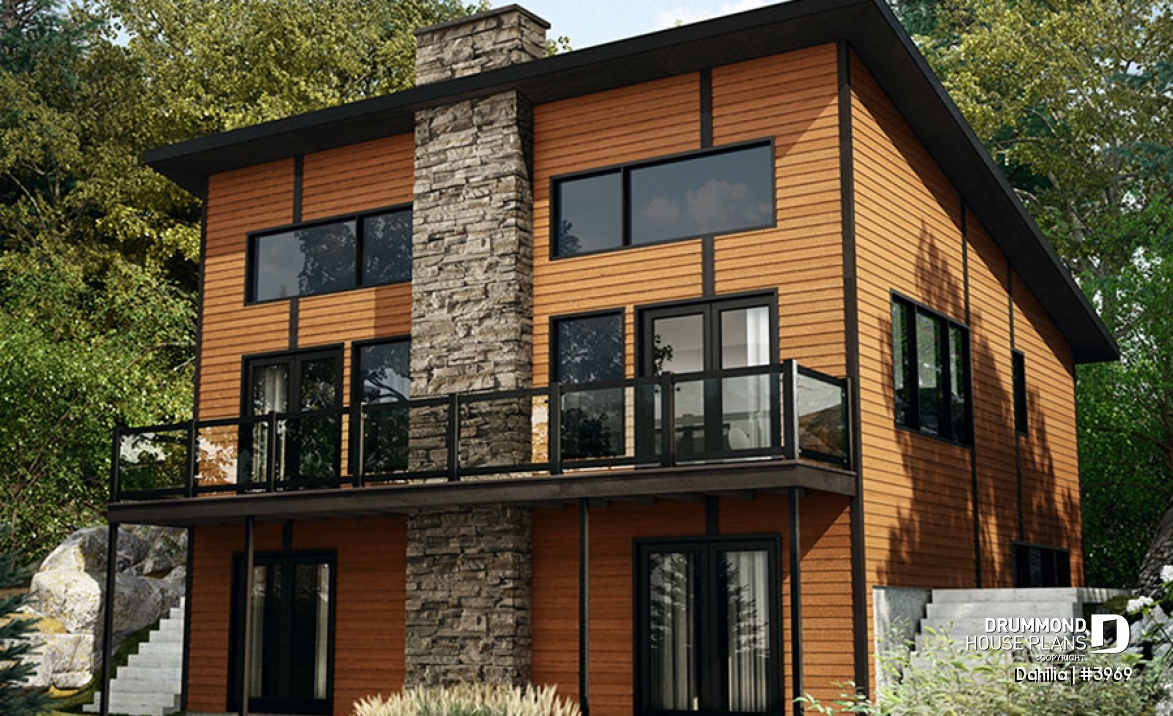 Rear view - BASE MODEL - Walkout Modern Cottage Plan – 3 Bedrooms, Covered Terrace, Panoramic Views and Central Fireplace - Dahilia