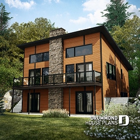 Rear view - BASE MODEL - Contemporary rustic cottage plan, 3 bedroom, master suite, 2 family room, mud room, cathedral, fireplace - Dahilia