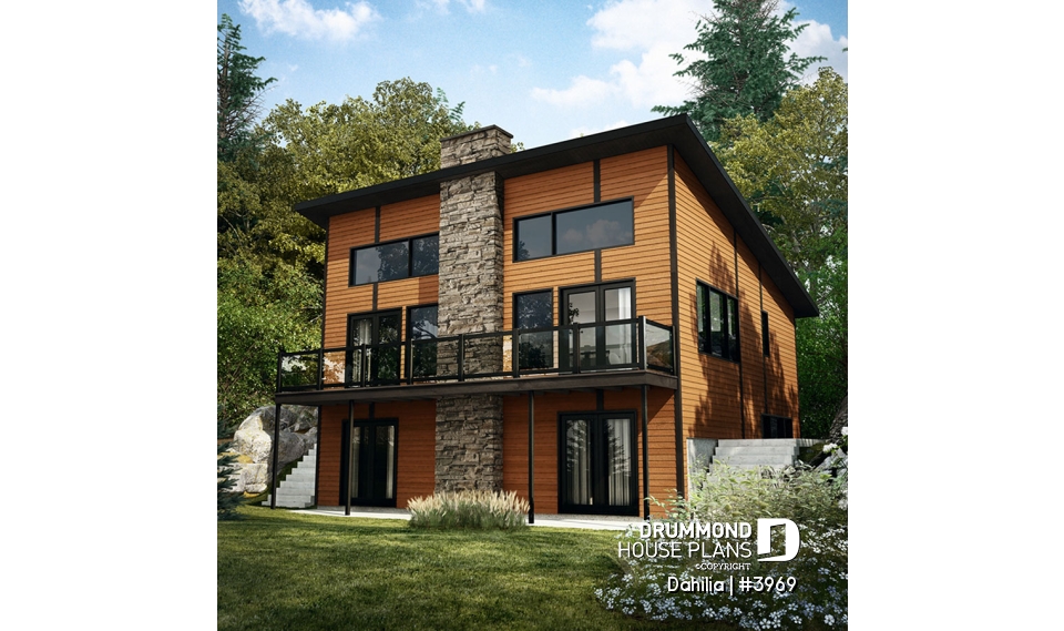 Rear view - BASE MODEL - Modern Rustic Cabin Plan – 3 Bedrooms, Panoramic Views and Central Fireplace - Dahilia
