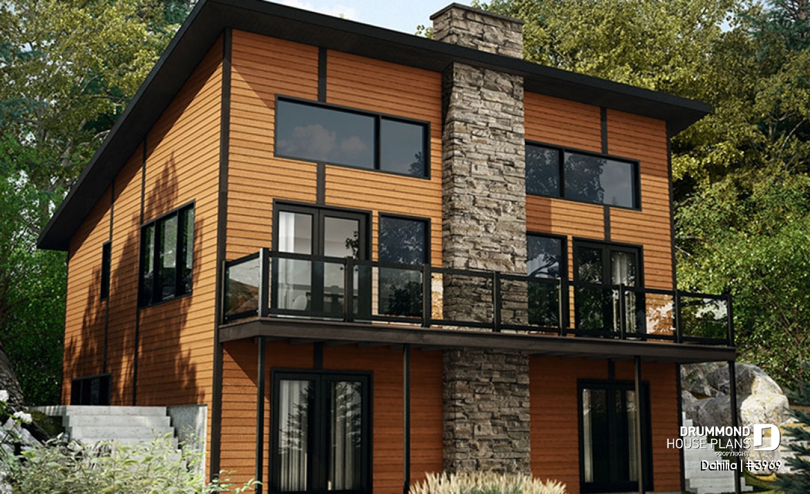 Rear view - BASE MODEL - Walkout Modern Cottage Plan – 3 Bedrooms, Covered Terrace, Panoramic Views and Central Fireplace - Dahilia