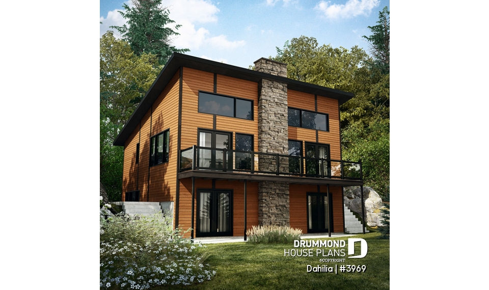 Rear view - BASE MODEL - Modern Rustic Cabin Plan – 3 Bedrooms, Panoramic Views and Central Fireplace - Dahilia
