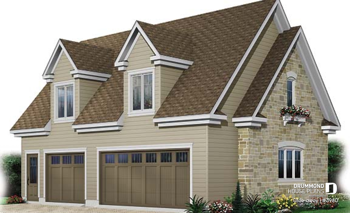 front - BASE MODEL - Large 3-car garage with bonus room on second floor - Glide-away