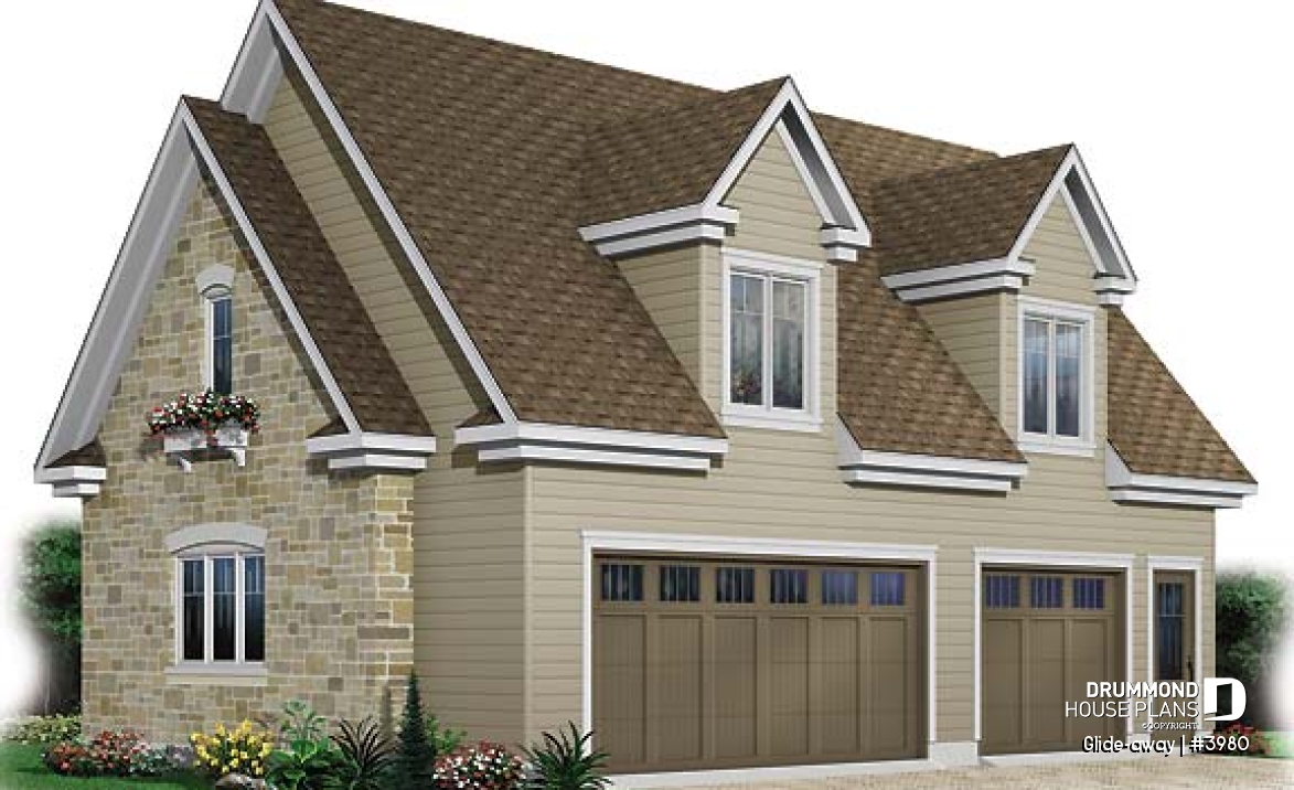 front - BASE MODEL - Large 3-car garage with bonus room on second floor - Glide-away