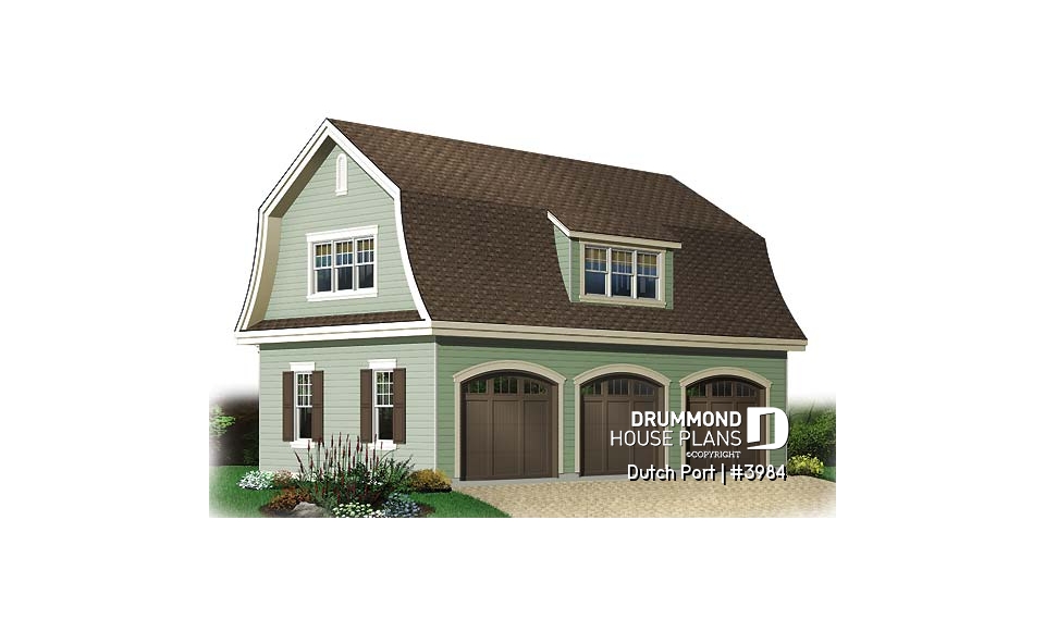 front - BASE MODEL - 3-car garage with large bonus room above - Dutch Port