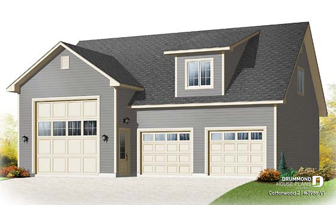 front - BASE MODEL - RV garage plan with 2-car garage, or three-car garage plan, with bonus room on second floor - Cottonwood 2