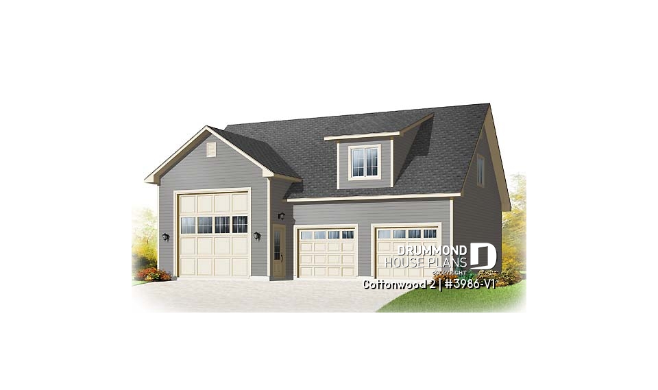 front - BASE MODEL - RV garage plan with 2-car garage, or three-car garage plan, with bonus room on second floor - Cottonwood 2