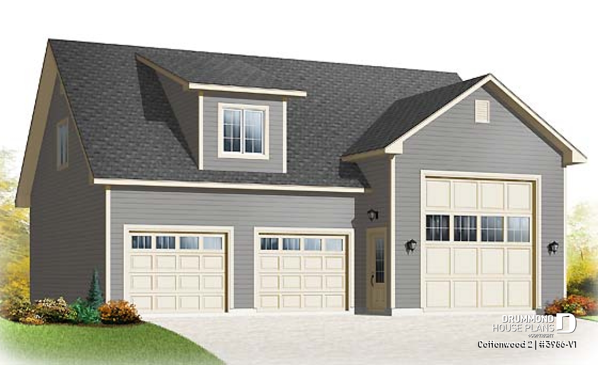 front - BASE MODEL - RV garage plan with 2-car garage, or three-car garage plan, with bonus room on second floor - Cottonwood 2