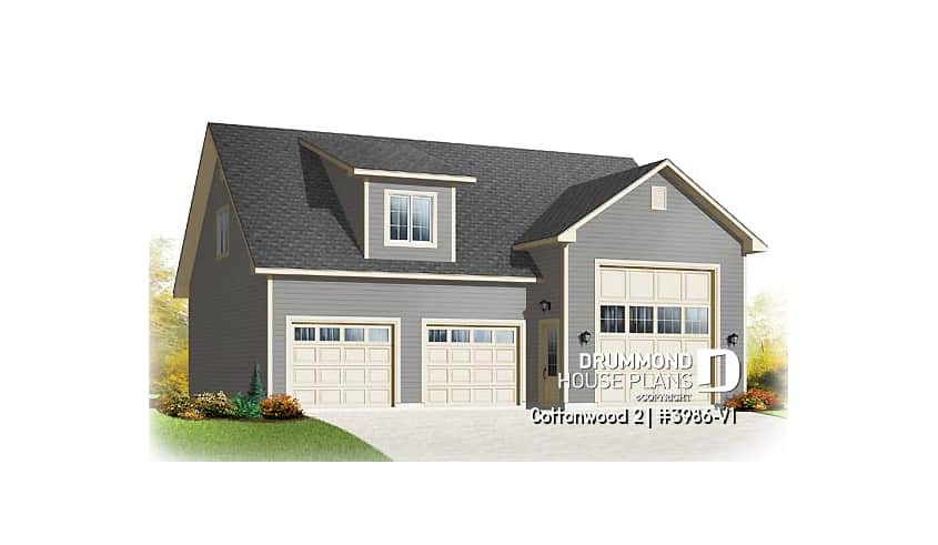 front - BASE MODEL - RV garage plan with 2-car garage, or three-car garage plan, with bonus room on second floor - Cottonwood 2