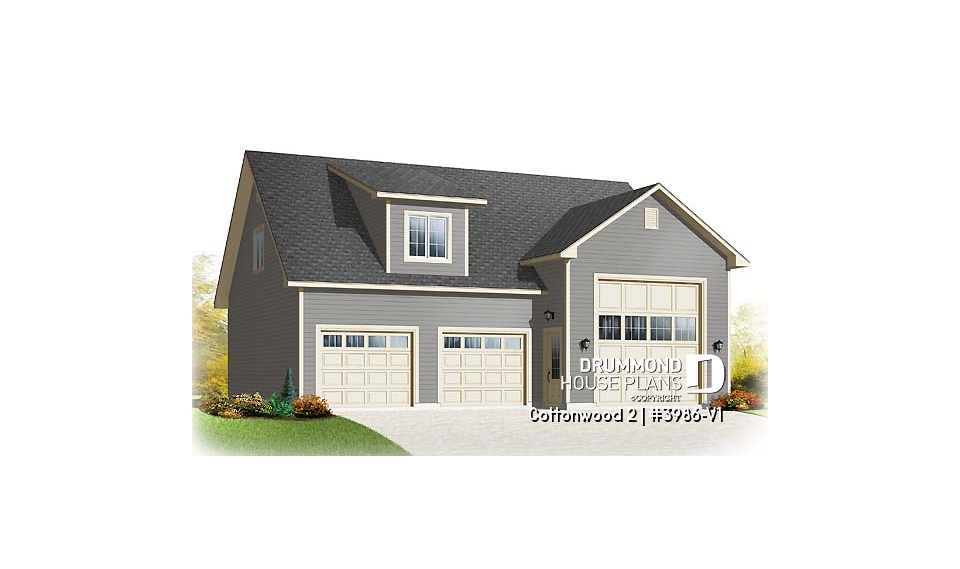 front - BASE MODEL - RV garage plan with 2-car garage, or three-car garage plan, with bonus room on second floor - Cottonwood 2