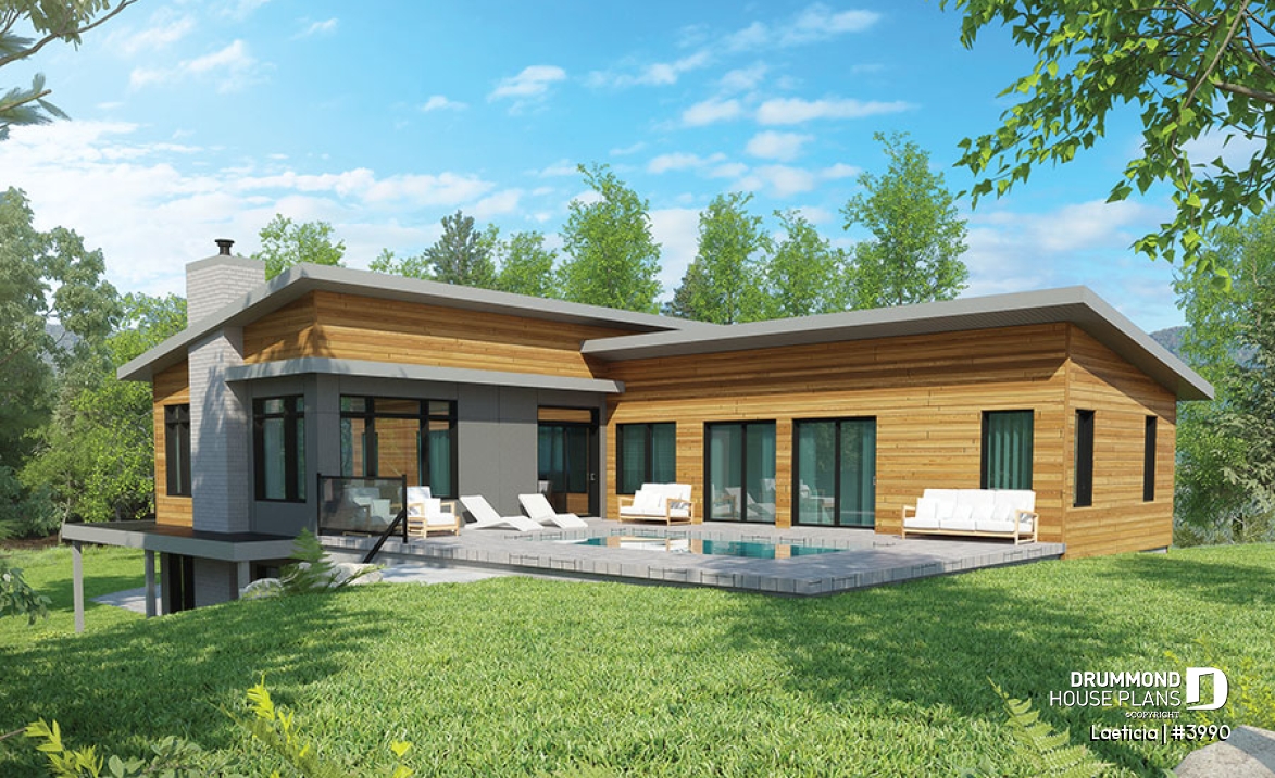 Rear view - BASE MODEL - Modern mid-century house plan, inlaw suite, 2 to 4 bedrooms, open concept, 10' ceiling on main - Laeticia