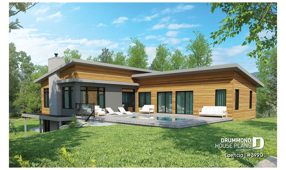 Rear view - BASE MODEL - Modern mid-century house plan, inlaw suite, 2 to 4 bedrooms, open concept, 10' ceiling on main - Laeticia