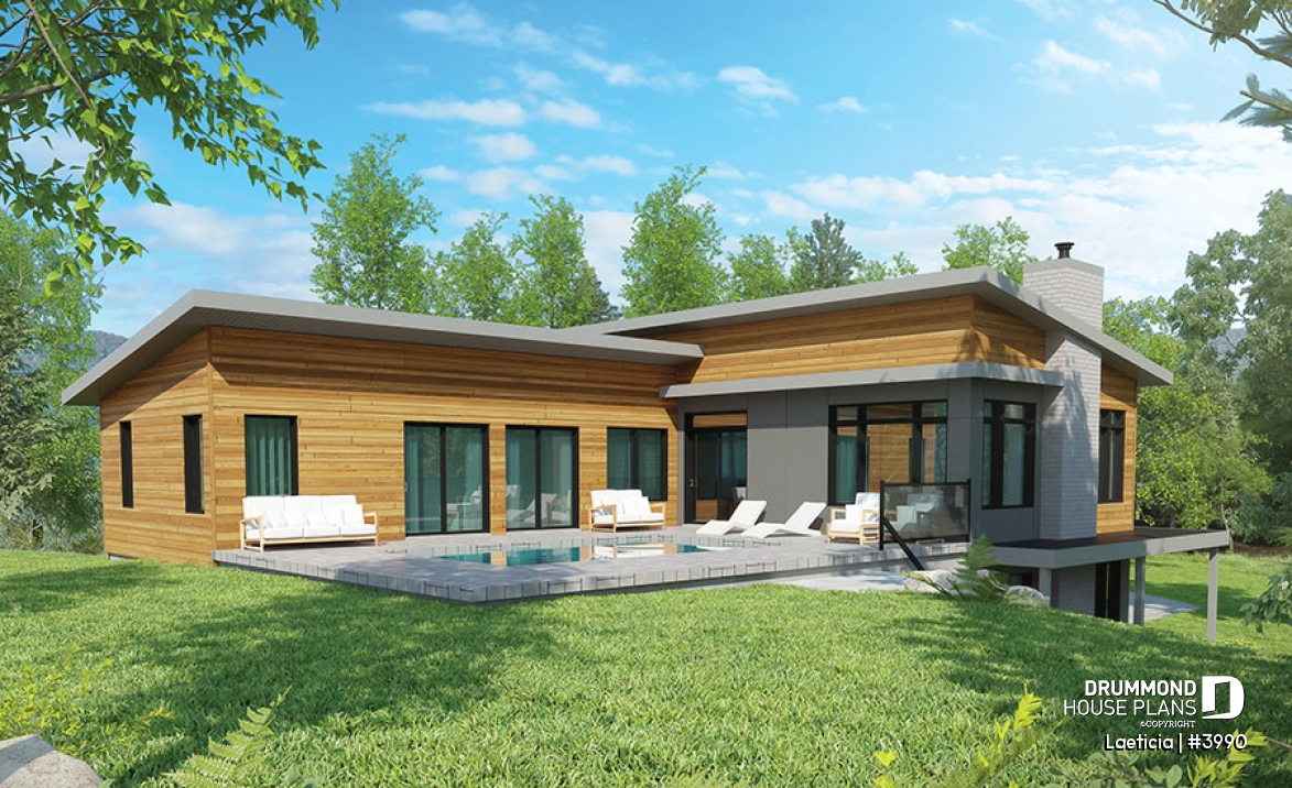 Rear view - BASE MODEL - Modern mid-century house plan, inlaw suite, 2 to 4 bedrooms, open concept, 10' ceiling on main - Laeticia