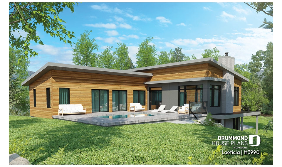 Rear view - BASE MODEL - Modern mid-century house plan, inlaw suite, 2 to 4 bedrooms, open concept, 10' ceiling on main - Laeticia