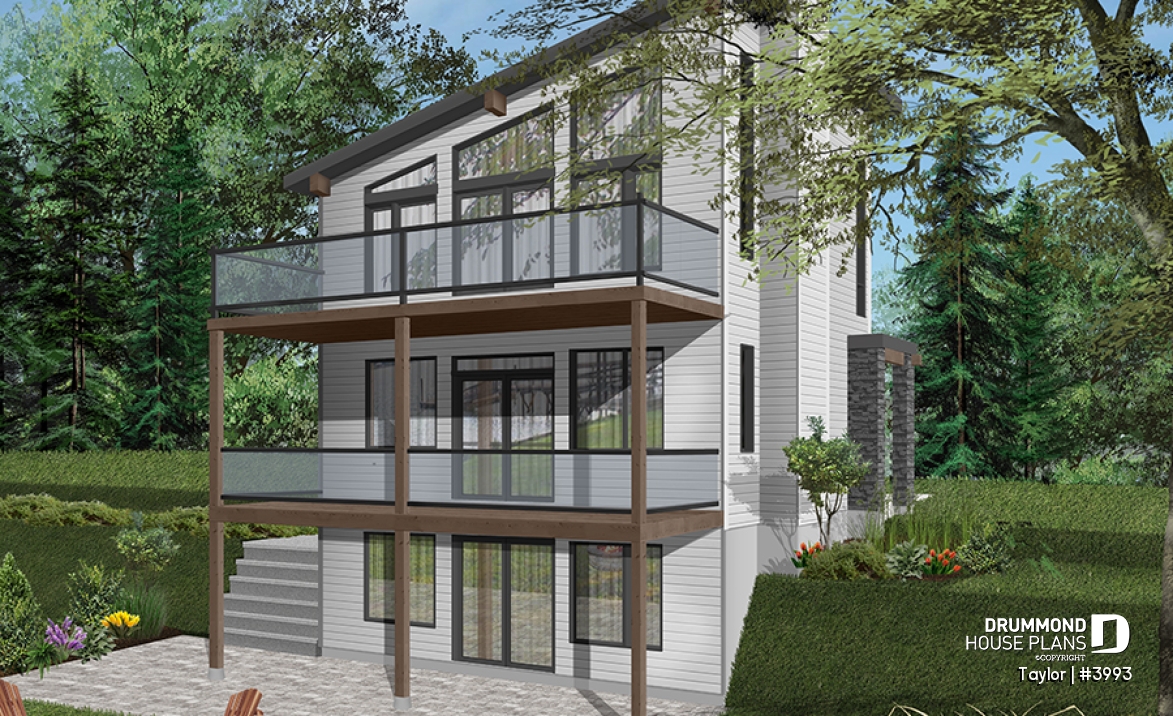 Color version 2 - Rear - Modern cottage plan, 2-3 bedrooms, 2 large terraces, panoramic views, 2 fireplaces, large kitchen island - Taylor