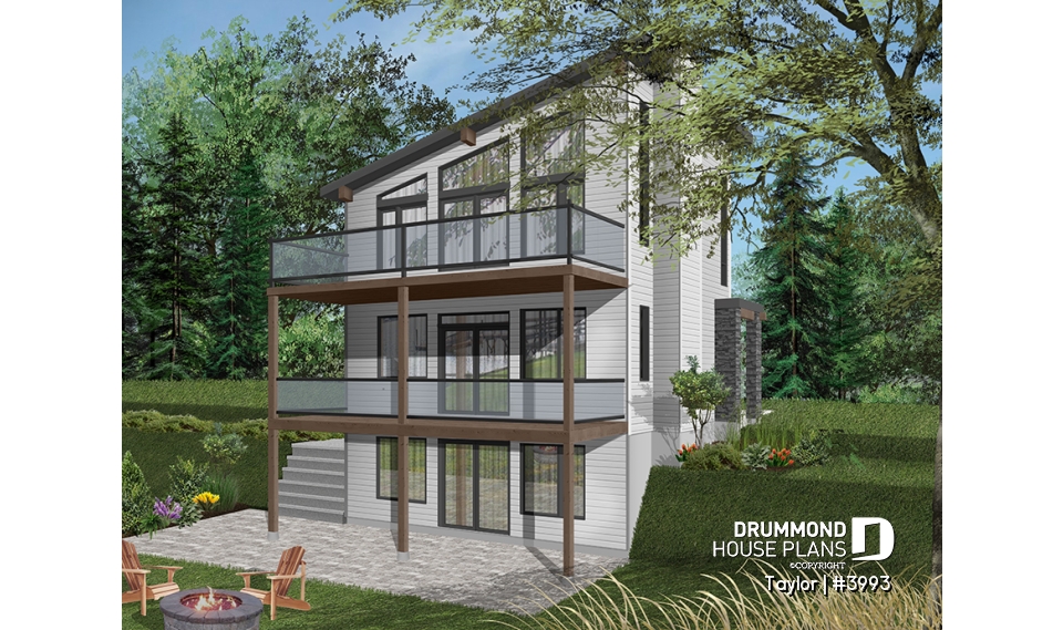 Color version 2 - Rear - Modern cottage plan, 2-3 bedrooms, 2 large terraces, panoramic views, 2 fireplaces, large kitchen island - Taylor