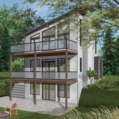 Color version 2 - Rear - Modern cottage plan, 2-3 bedrooms, 2 large terraces, panoramic views, 2 fireplaces, large kitchen island - Taylor