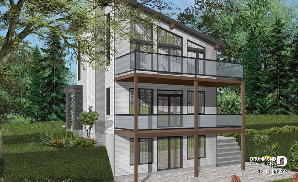 Color version 2 - Rear - Modern cottage plan, 2-3 bedrooms, 2 large terraces, panoramic views, 2 fireplaces, large kitchen island - Taylor