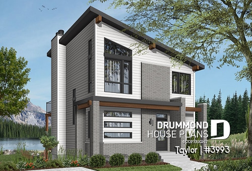 front - BASE MODEL - Modern cottage plan, 2-3 bedrooms, 2 large terraces, panoramic views, 2 fireplaces, large kitchen island - Taylor