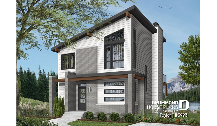 front - BASE MODEL - Modern cottage plan, 2-3 bedrooms, 2 large terraces, panoramic views, 2 fireplaces, large kitchen island - Taylor
