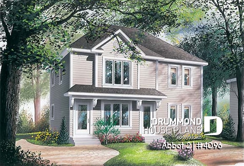 front - BASE MODEL - Duplex house plan with 2 bedroom per unit, kitchen with lunch counter, open floor plan - Abbot 2