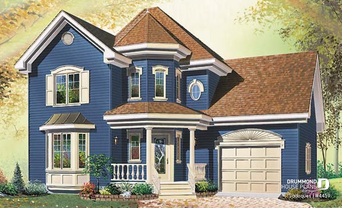 front - BASE MODEL - Victorian inspired cottage house plan with 3 bedrooms, garage - Sadoques