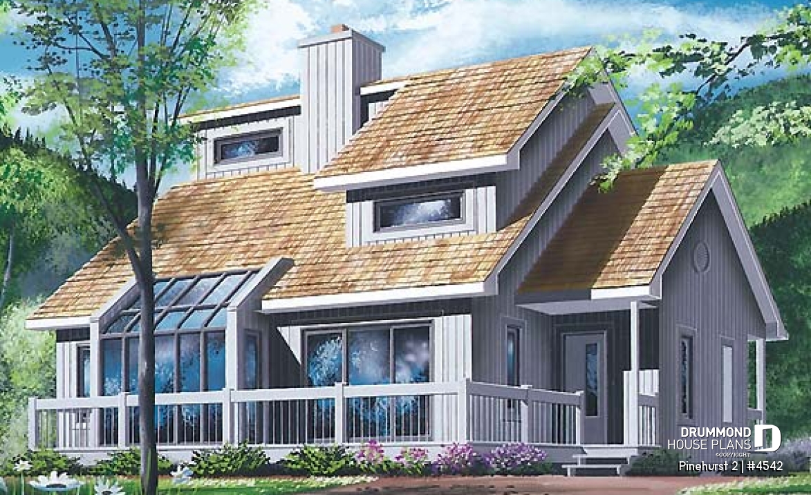 front - BASE MODEL - Modern rustic, panoramic view cottage design, 3 bedroom, cathedral ceiling, fireplace - Pinehurst 2