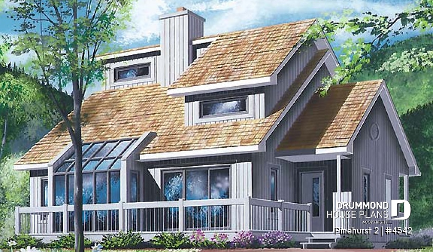 front - BASE MODEL - Modern rustic, panoramic view cottage design, 3 bedroom, cathedral ceiling, fireplace - Pinehurst 2