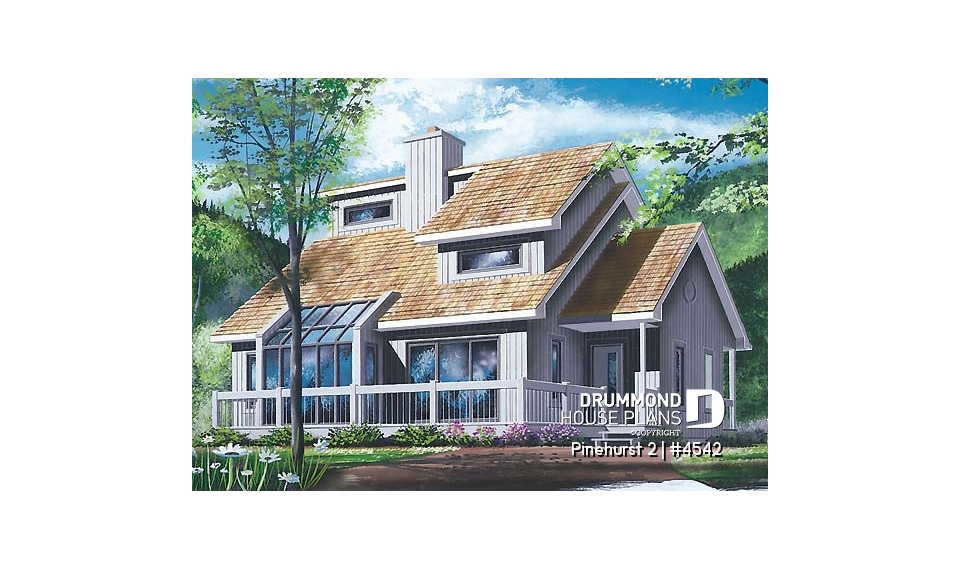 front - BASE MODEL - Modern rustic, panoramic view cottage design, 3 bedroom, cathedral ceiling, fireplace - Pinehurst 2