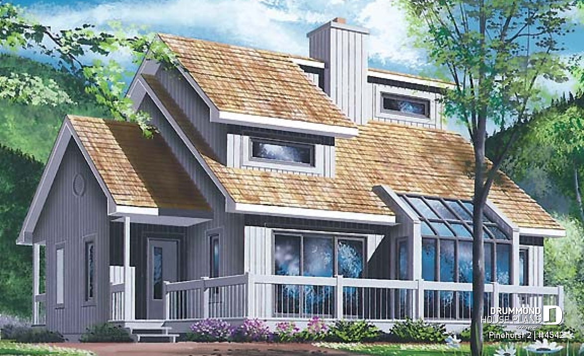 front - BASE MODEL - Modern rustic, panoramic view cottage design, 3 bedroom, cathedral ceiling, fireplace - Pinehurst 2