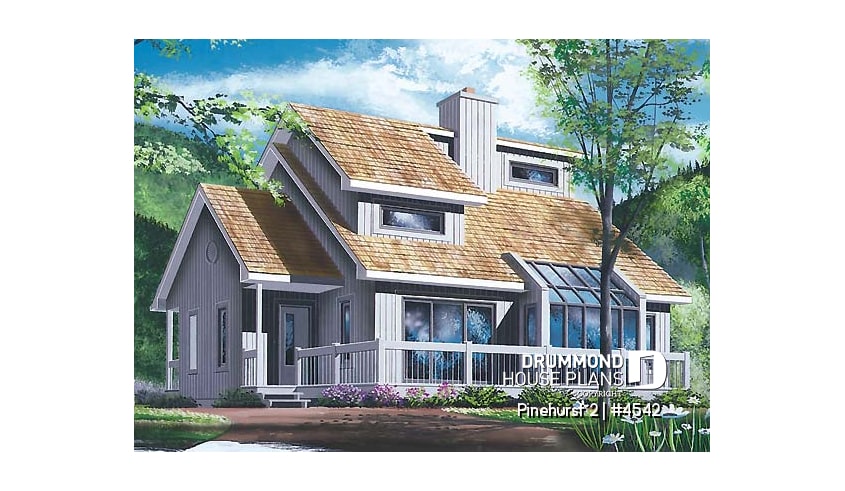 front - BASE MODEL - Modern rustic, panoramic view cottage design, 3 bedroom, cathedral ceiling, fireplace - Pinehurst 2