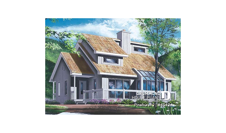 front - BASE MODEL - Modern rustic, panoramic view cottage design, 3 bedroom, cathedral ceiling, fireplace - Pinehurst 2
