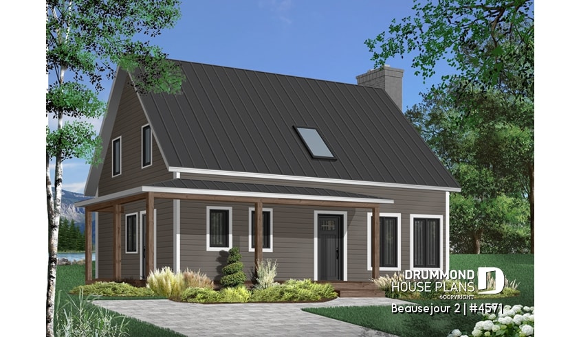 front - BASE MODEL - Scandinavian style house plan, 3 bedrooms, kitchen booth, economical home to build, covered porches - Beausejour 2